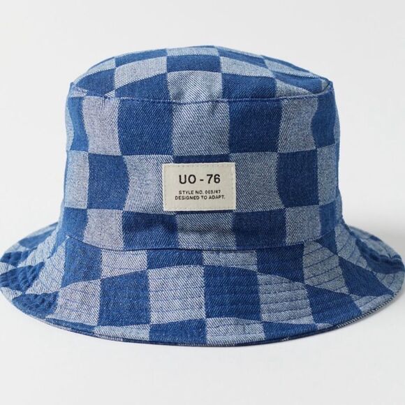 URBAN Outfitters Damier Pattern Checkered Blue Canvas Denim Bucket Hat - Picture 3 of 6